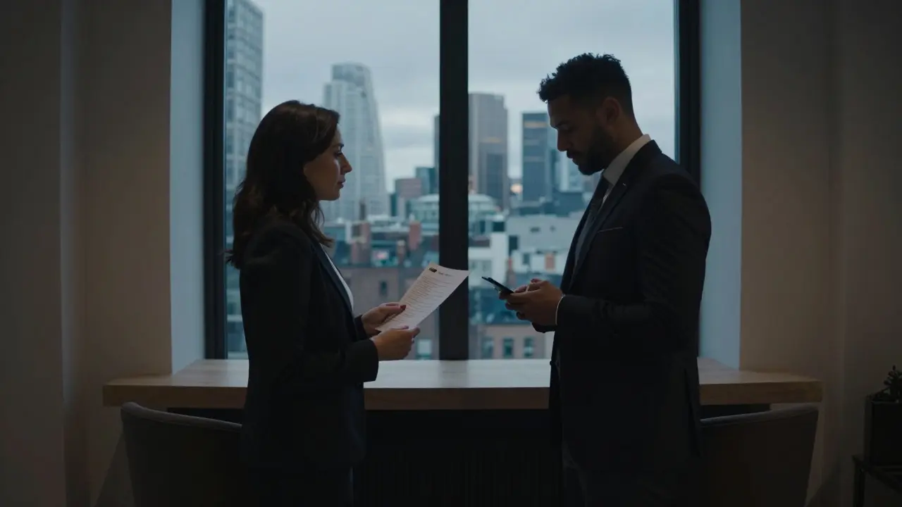 An escort and client meeting for the first time in a safe, neutral hotel lobby, calm and cautious, city lights in the background.