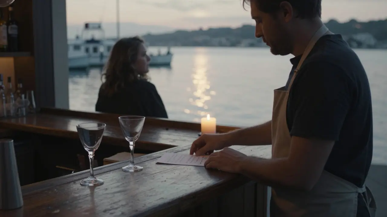 An quiet harbor bar at dawn with an elderly bartender wiping the counter as sunlight reflects on the water.