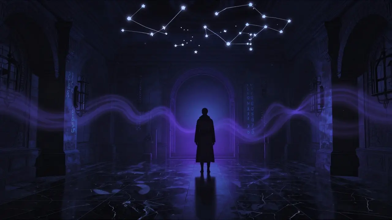 An underground club with a black marble floor and shifting starry ceiling, a lone figure standing in cold blue light.