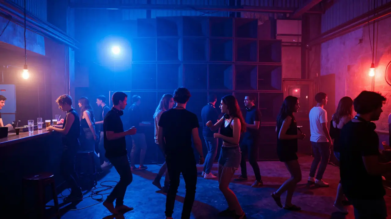 An underground techno warehouse in Porta Romana with strobing lights and a crowd lost in the music.