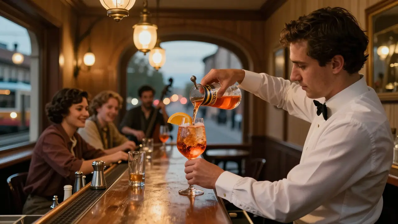 Bartender pouring a classic Aperol Spritz at Bar Basso, locals at the wooden bar with jazz playing softly.