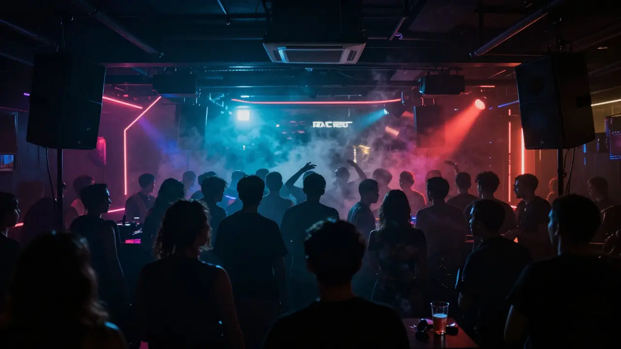 Crowd dancing in a dark nightclub under pulsing neon lights with powerful speakers.