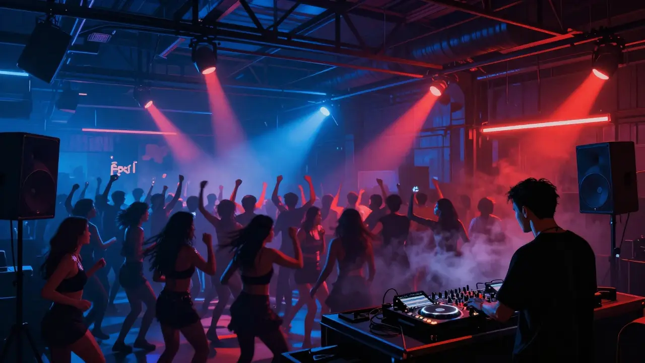 Crowd dancing in a dark warehouse nightclub with pulsing lights and towering speakers.