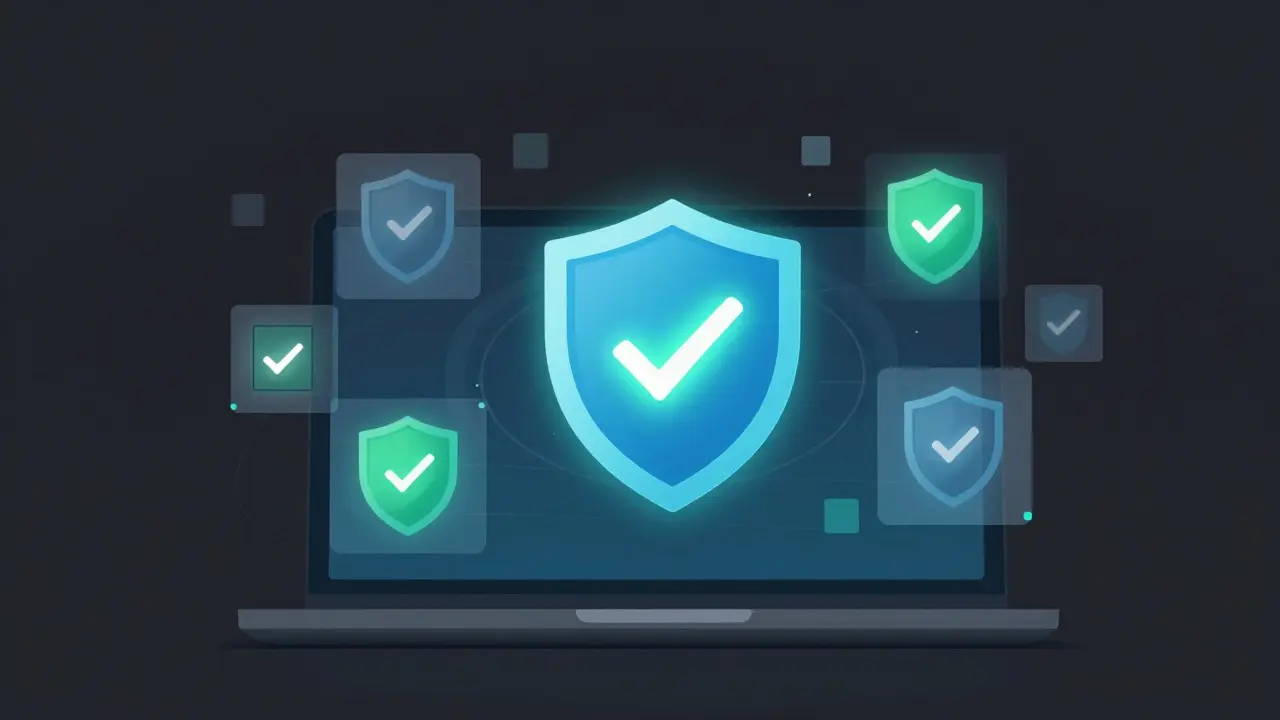 Digital security concept with verification symbols on dark background