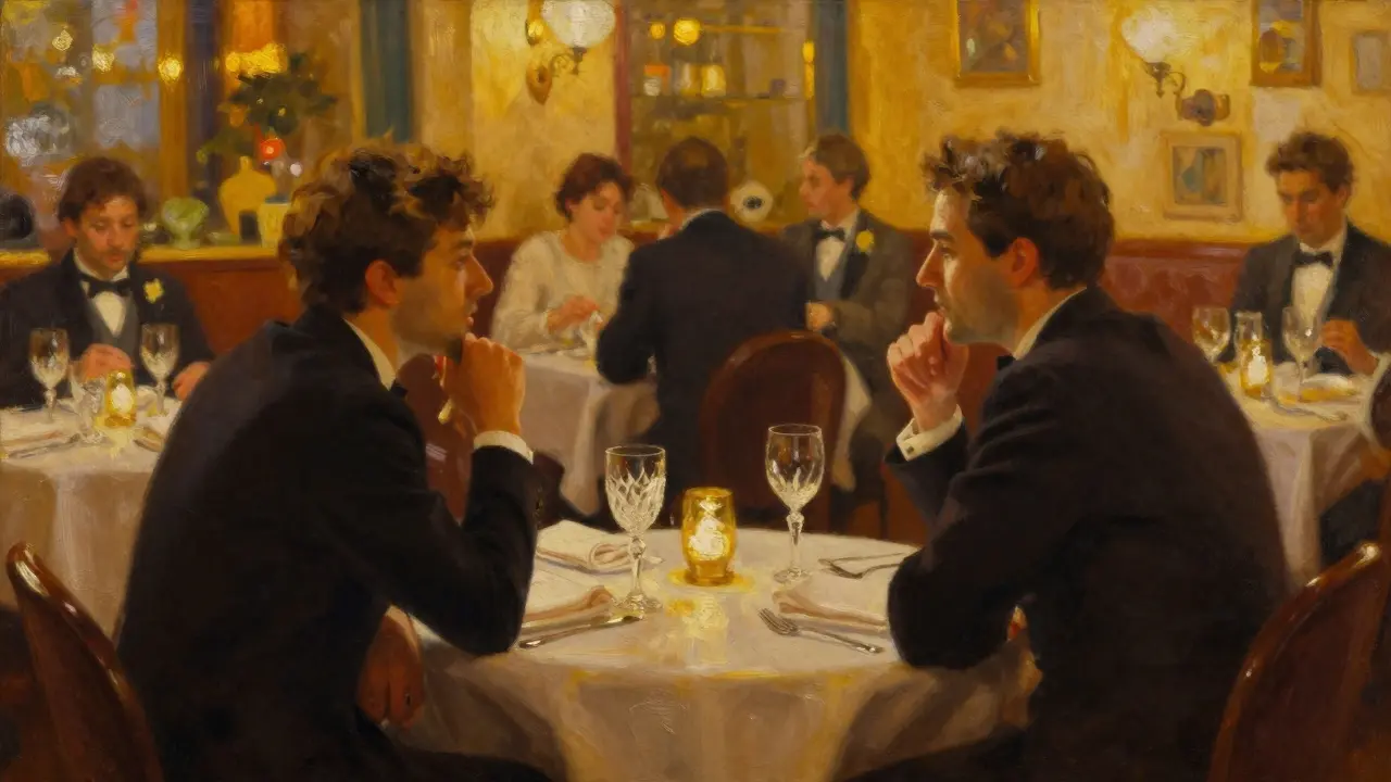 Elegant dinner table set with wine and candles in restaurant