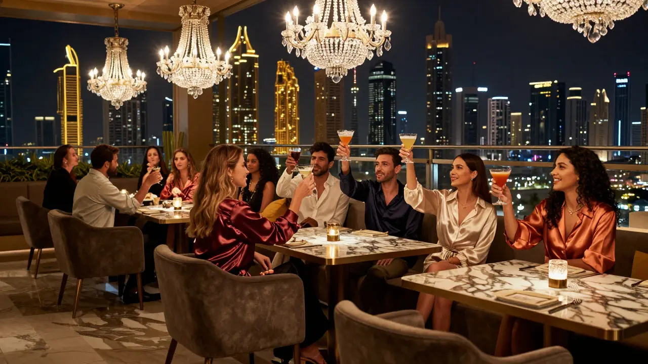 Elegant guests in upscale attire toast cocktails under crystal chandeliers with Abu Dhabi's skyline behind them.