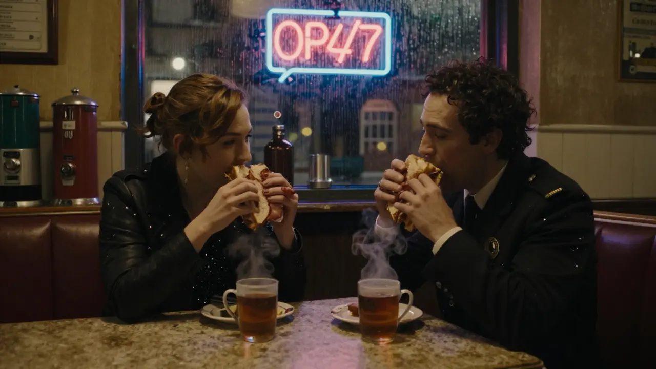 Elmer's greasy spoon in Camden at 3 a.m., two strangers sharing a bacon sandwich in a worn booth.