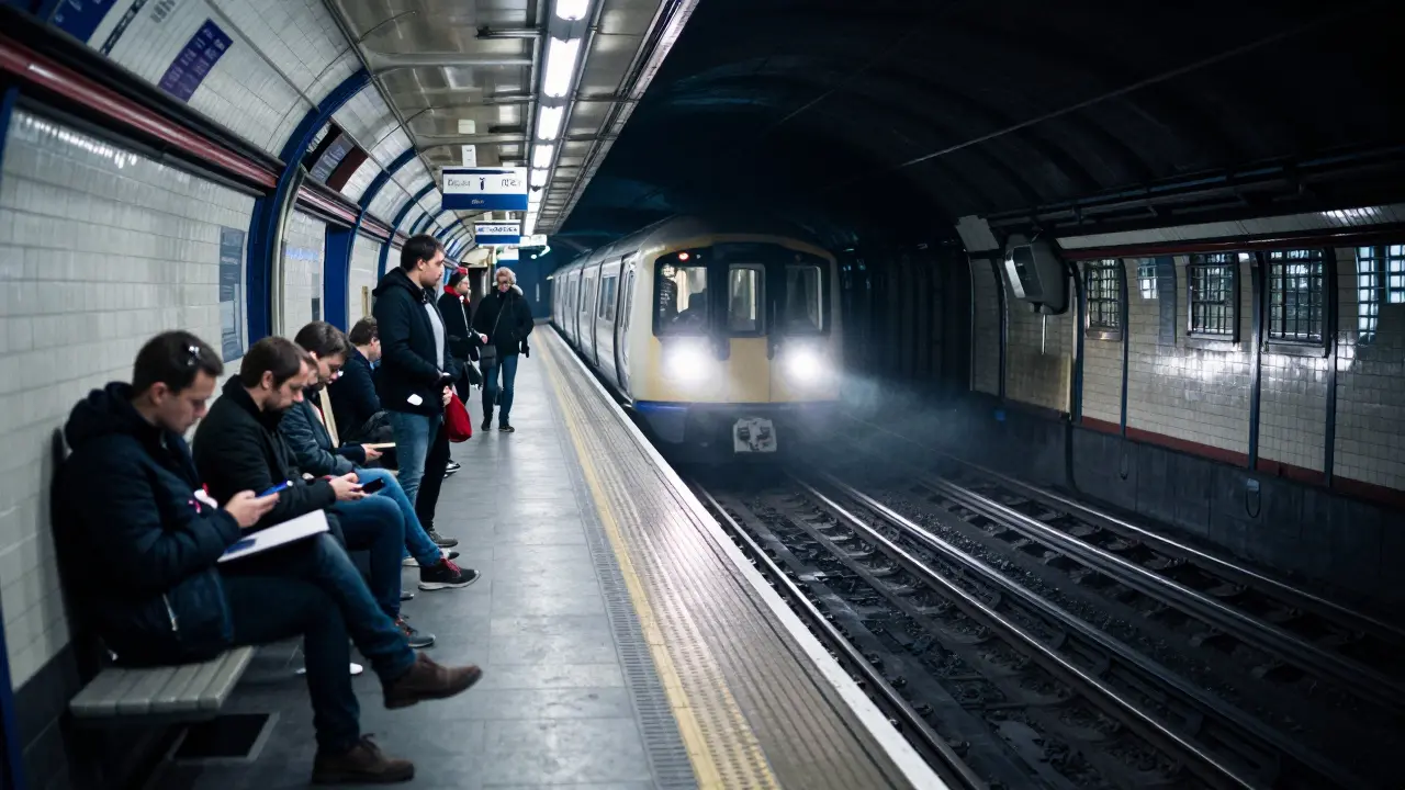 Film noir style underground platform with blue lighting.