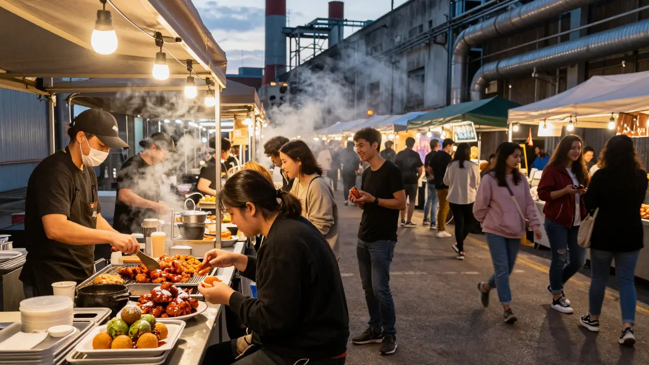 Food Market at Tobacco Docks at night, featuring diverse street food stalls under string lights.