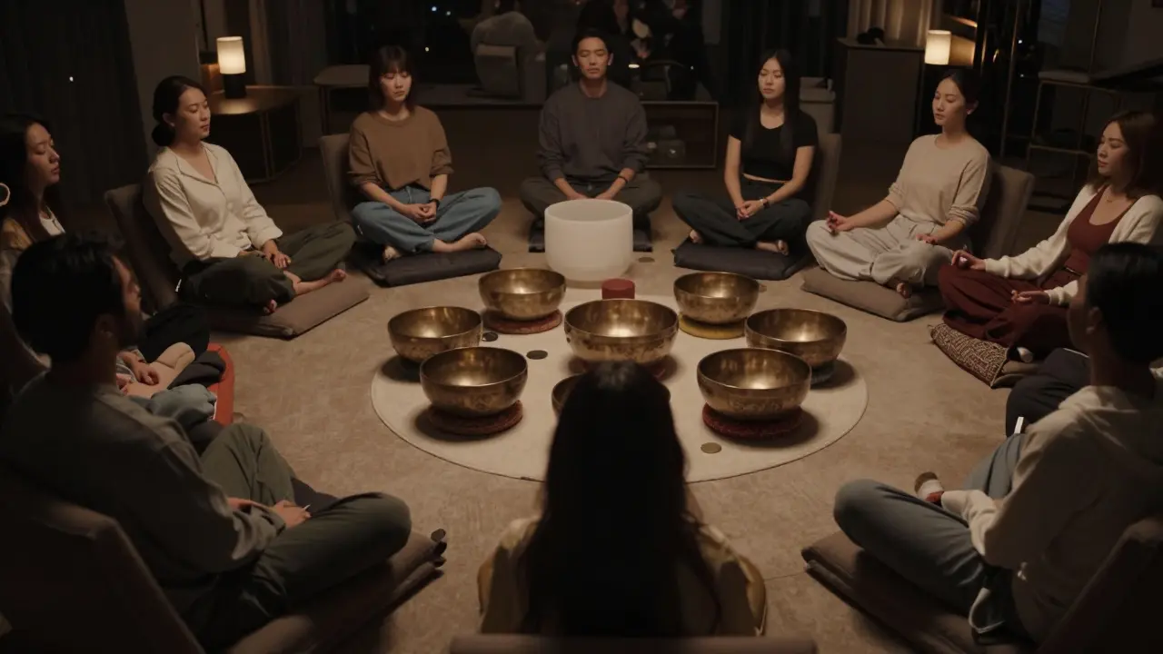 Guests listening to sound therapy with singing bowls in a dark room.