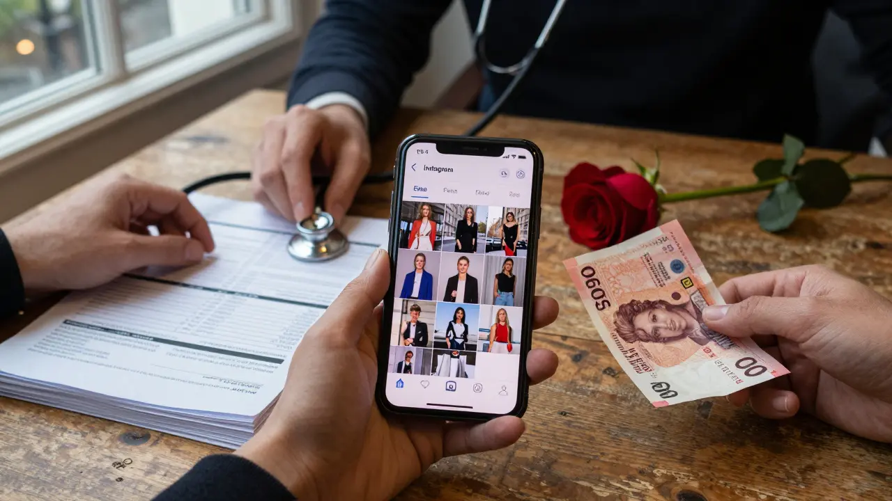 Hands holding a phone, stethoscope, student loan papers, and cash on a wooden table with a red rose.