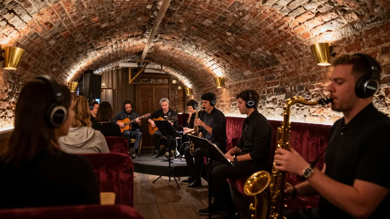 Jazz club audience wearing headphones in historic cellar venue.