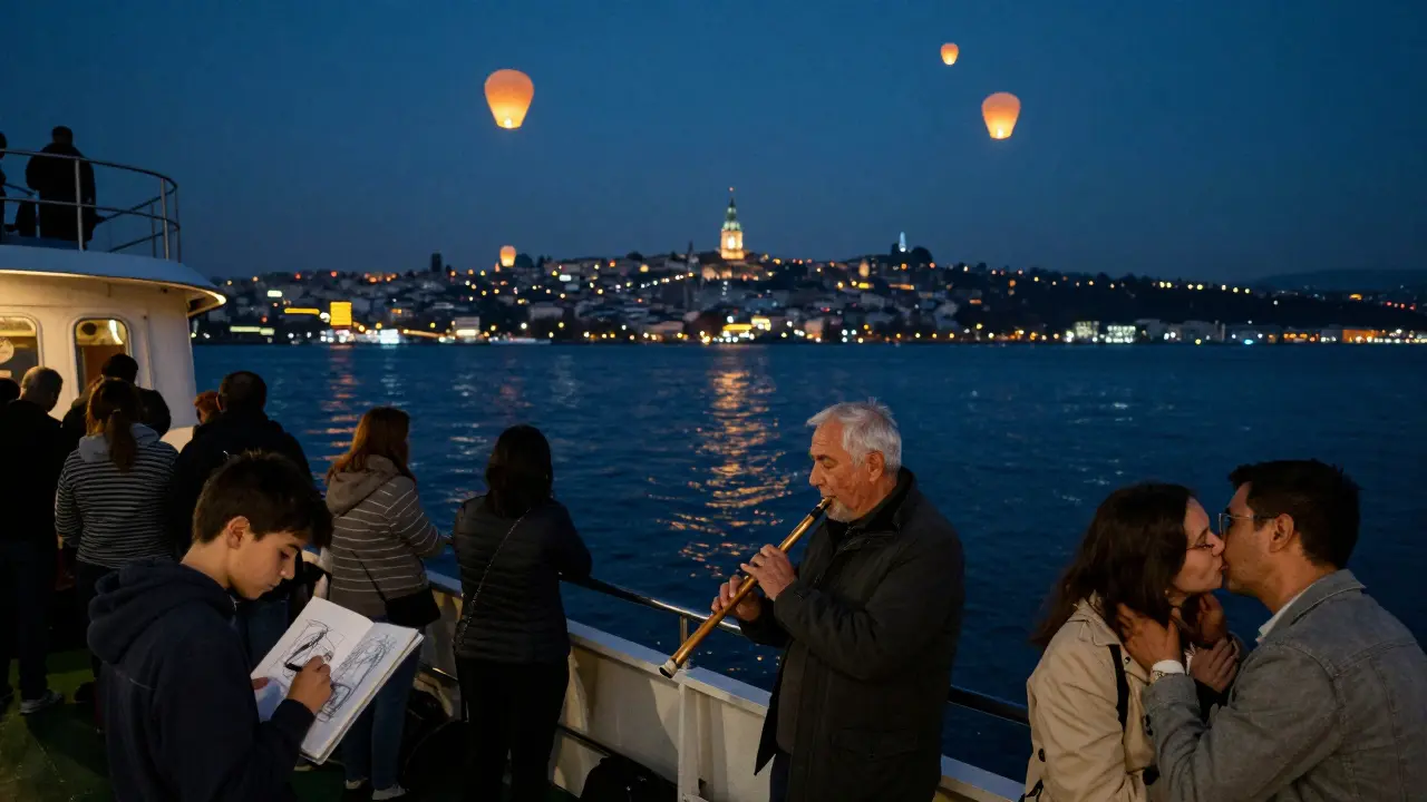 Late-night ferry crossing the Bosphorus with passengers enjoying the city lights and quiet moments.