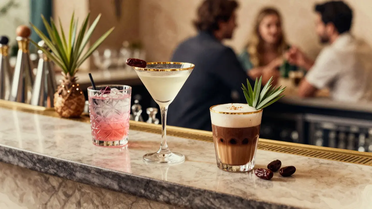 Local cocktails served at a bar in Abu Dhabi with date-infused drinks and elegant glassware.