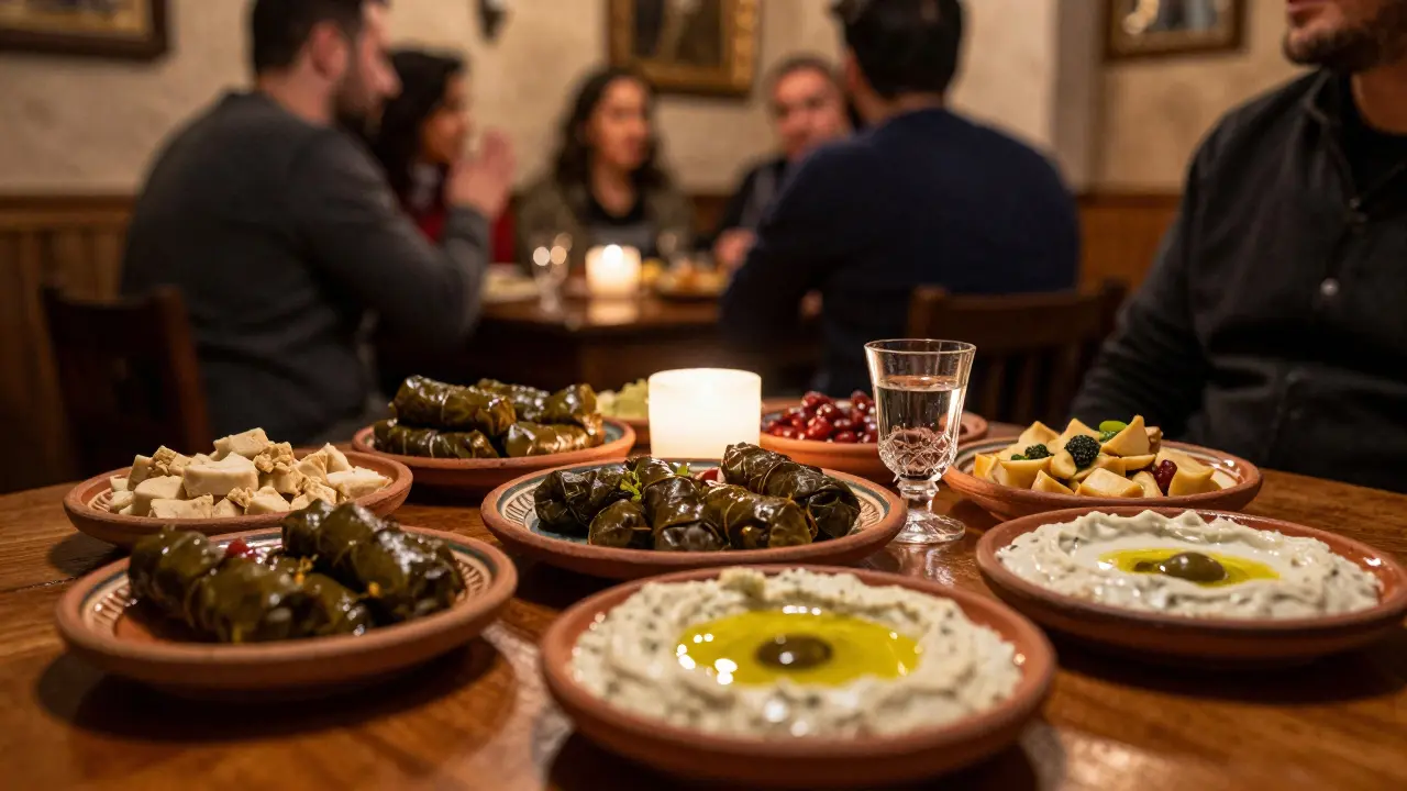 Mezze plates and rakı glass on wooden table in tavern.