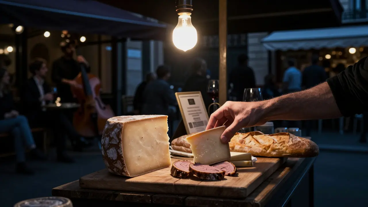 Midnight market stall with cheese, pâté, and baguette under a single hanging bulb.