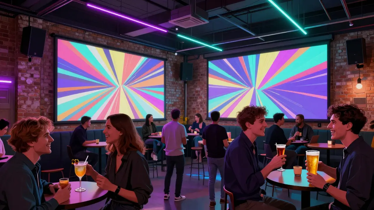 Modern sports bar interior with neon lights and young patrons holding drinks.