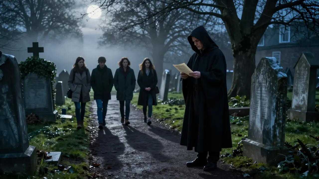 Moonlit figures walking silently through a cemetery as a guide reads poetry beside a tombstone.