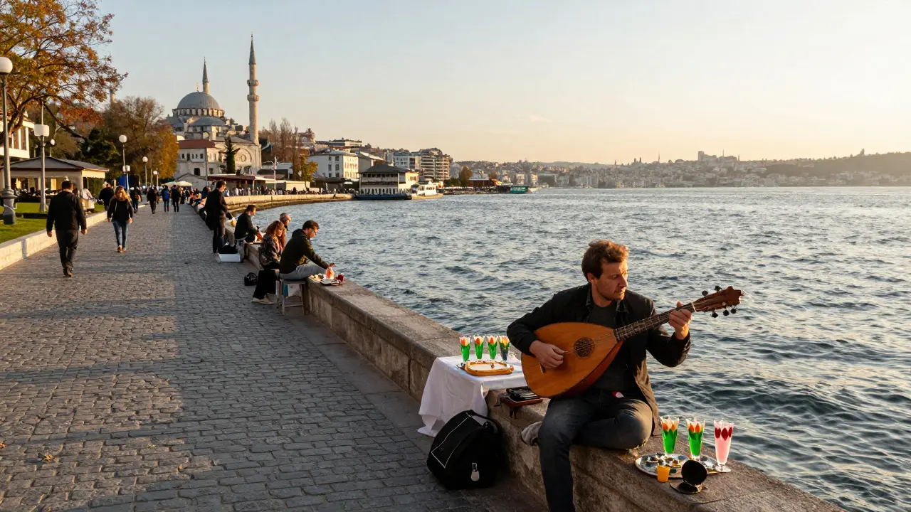 Musician playing baglama by seaside promenade in Üsküdar.