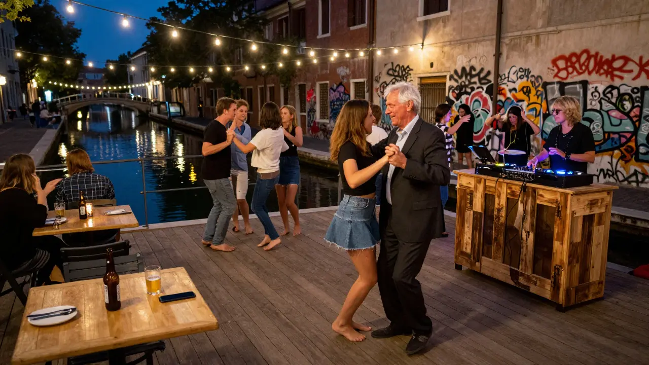 People dancing along the Navigli canal under string lights, a man in a suit dancing with a young woman.