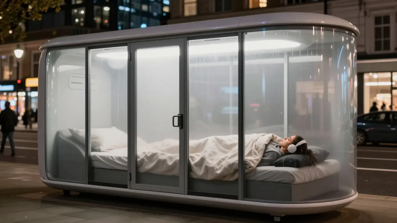 Person resting inside a modern nap pod located in an urban city area.