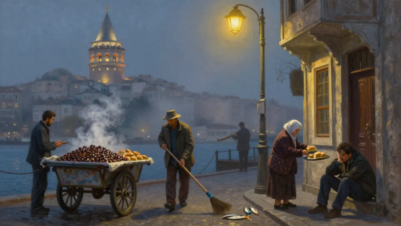 Quiet Istanbul street at 4 a.m., street sweeper and chestnut vendor beside a fisherman, Galata Tower glowing softly, ney flute echoing in mist.