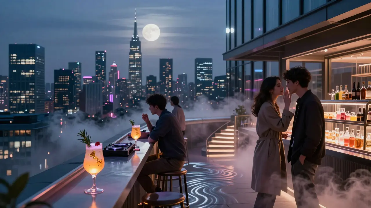 Rooftop bar with glowing cocktails and skyline views, guests in stylish attire under moonlit night air.
