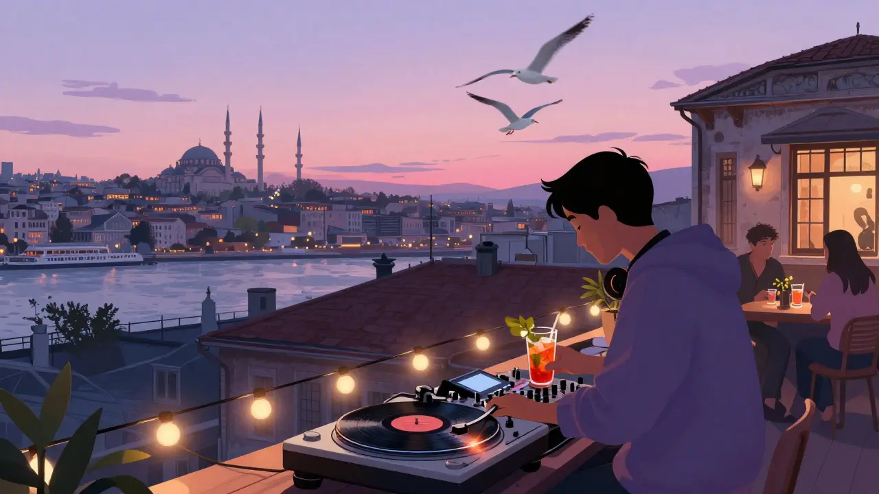 Rooftop terrace in Karaköy at dawn, vinyl record spinning as patrons sip herbal drinks with the Golden Horn and minarets in view.