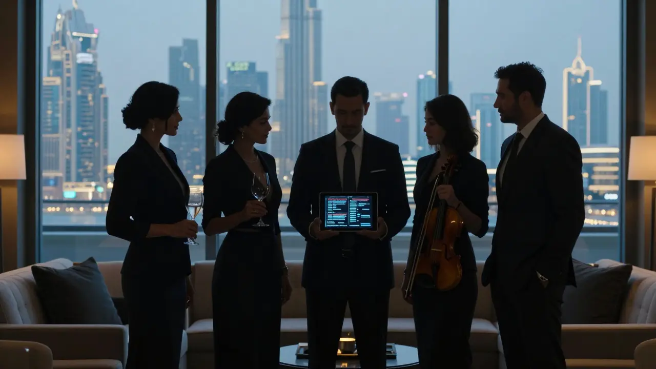 Silhouettes of elite companions in a Dubai lounge, each holding symbols of their intellectual and cultural expertise.
