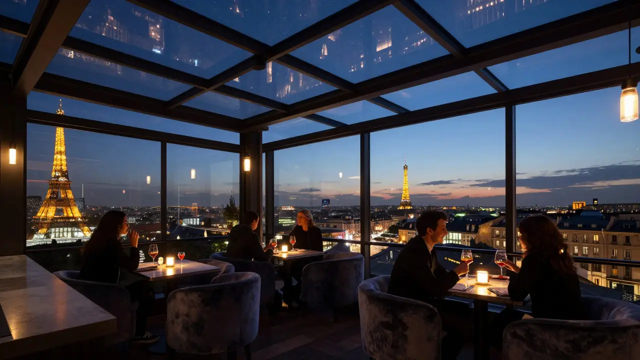 Silhouettes of guests drinking on a glass-walled rooftop terrace overlooking city lights at night.