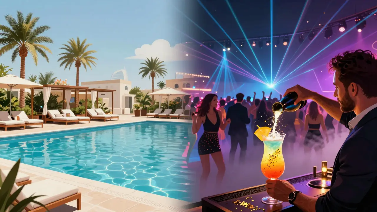 Split scene of a beach club by day transforming into a vibrant nighttime dance floor with lasers and glowing cocktails.