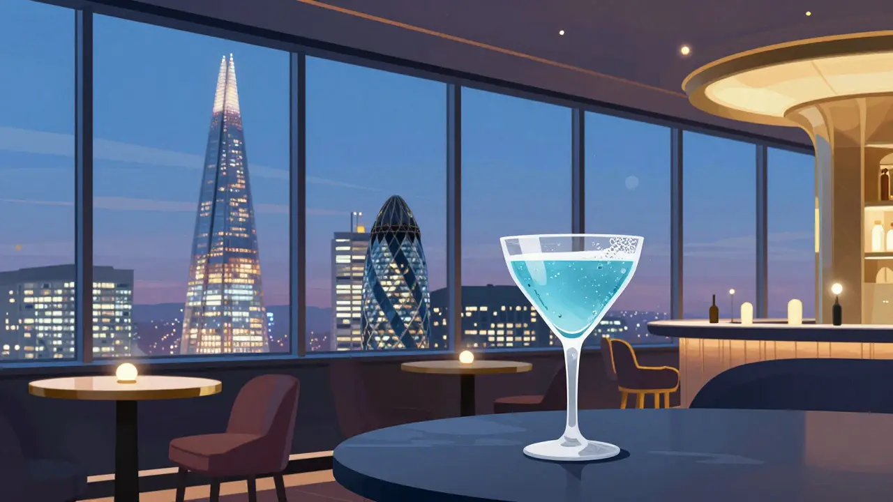 Stylized illustration of sky bar with cocktail and city view.