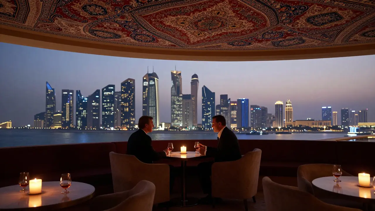 The Sky Lounge at Emirates Palace at dawn, with Persian silk walls and a silent table overlooking Abu Dhabi's glittering skyline.