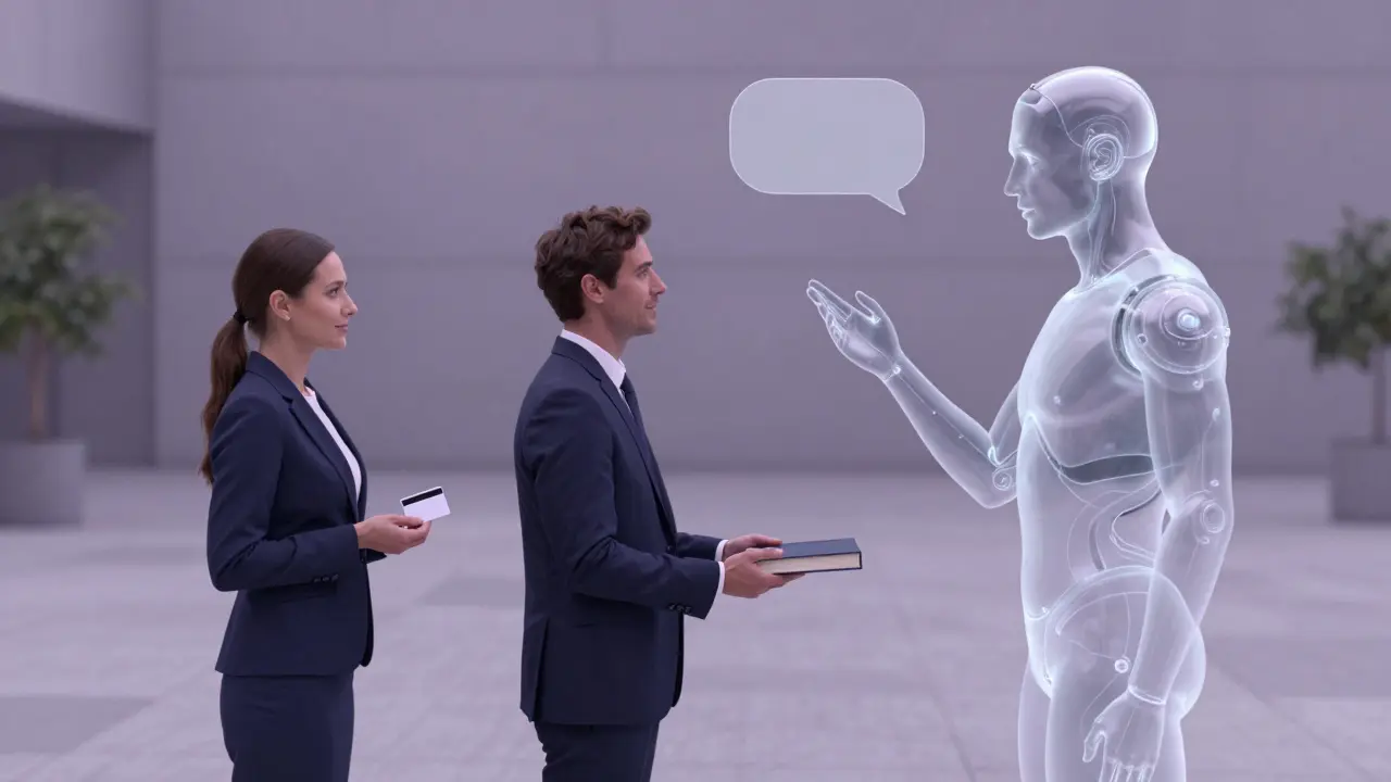 Three figures representing human companionship, AI support, and professional service in a softly lit abstract space.