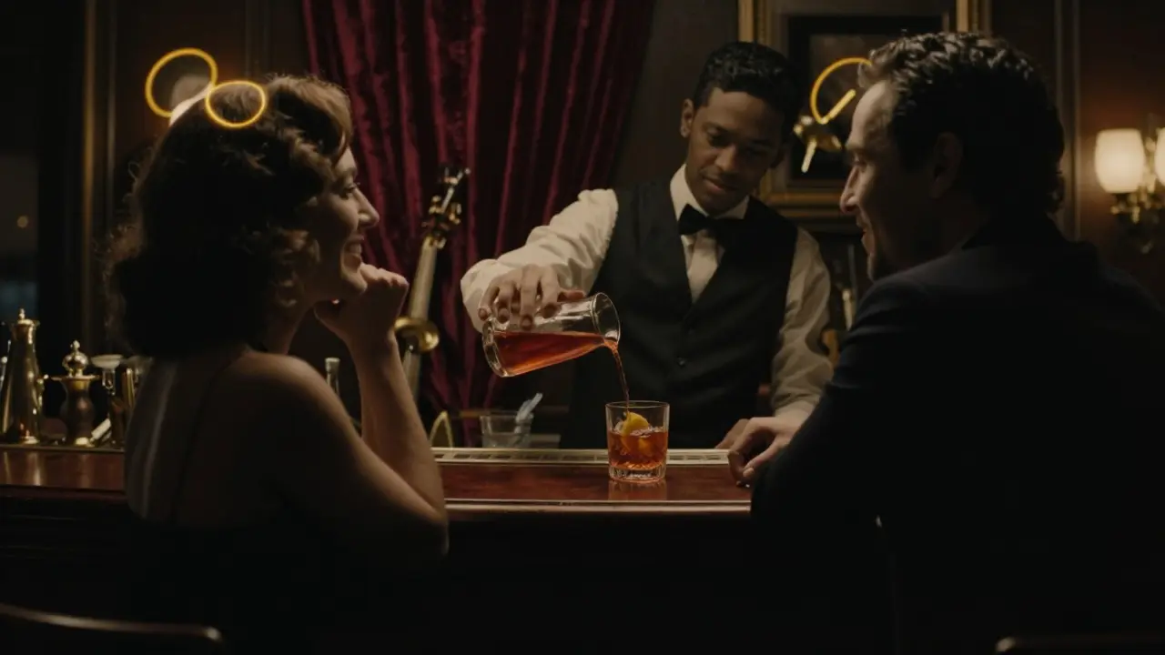 Two figures share a quiet moment in a dimly lit bar, the bartender pouring a cocktail, soft jazz and velvet curtains creating an intimate ambiance.