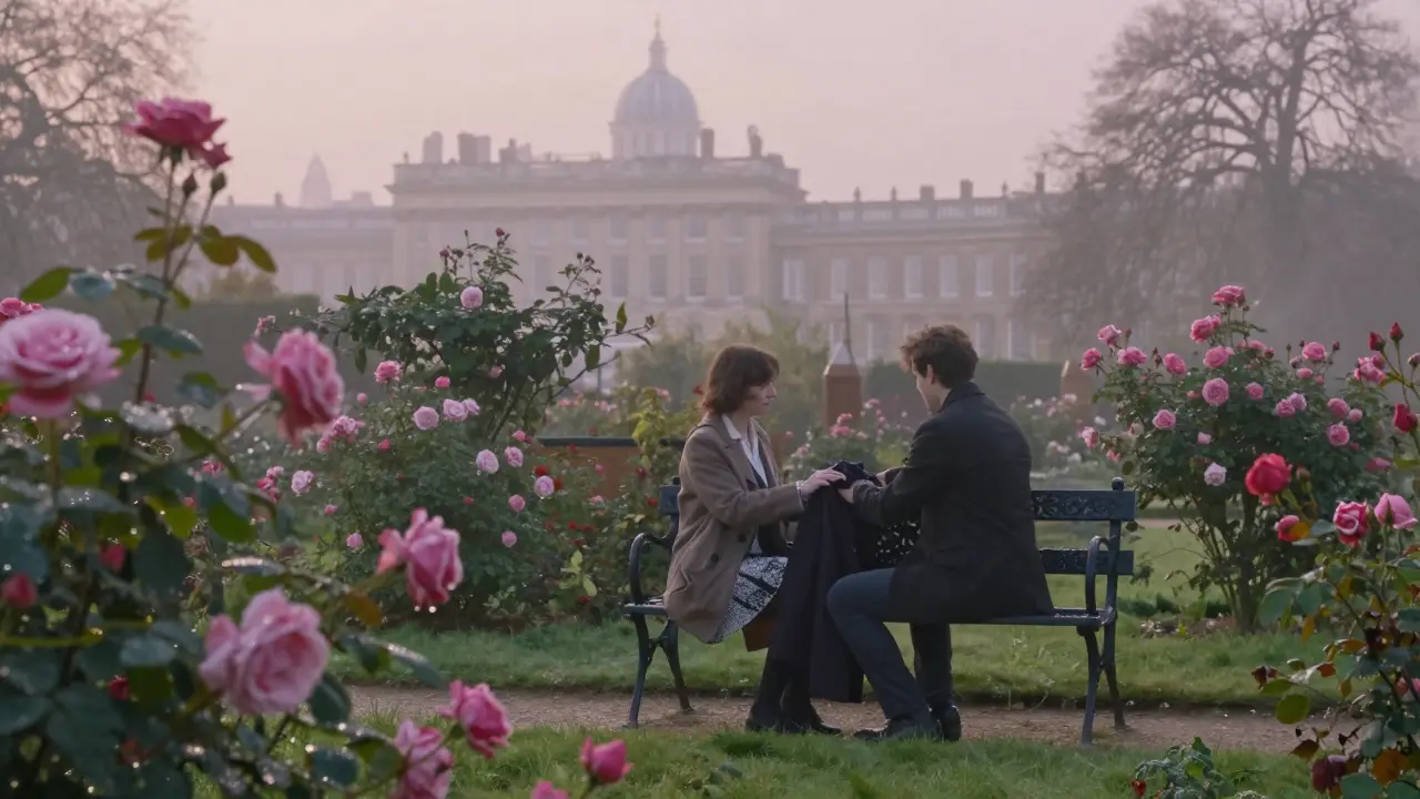 Two individuals sitting peacefully in a rose garden behind St. James’s Palace at dawn, mist and soft light surrounding them.