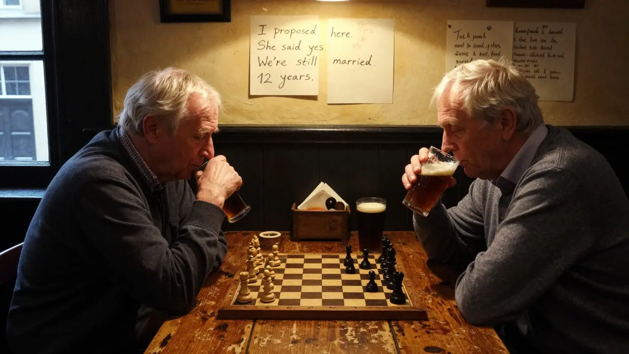 Two men play chess by candlelight in a historic pub, with handwritten notes on the wall behind them.
