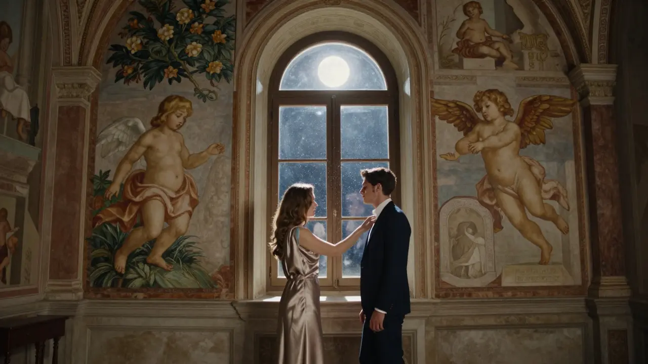 Two people admire a Renaissance fresco in the secluded, moonlit interior of Casa degli Atellani, alone in the historic villa.