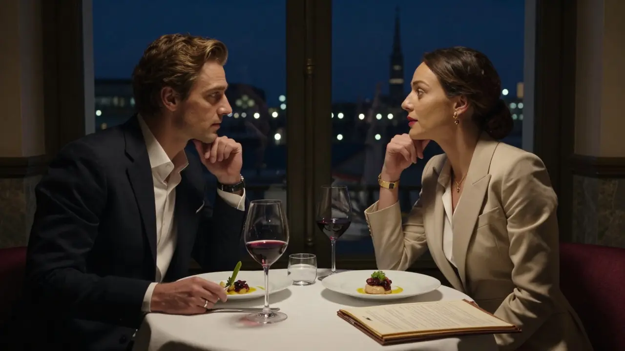 Two people conversing at restaurant with city view