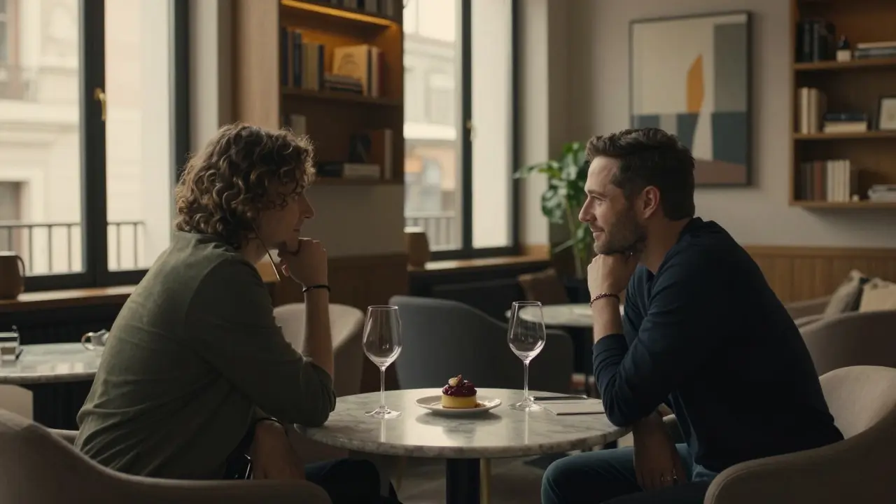 Two people seated quietly at a luxury hotel lounge, sharing a quiet moment over wine and dessert.