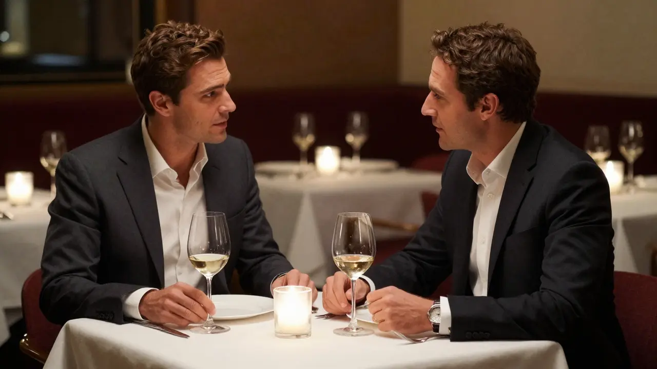 Two professionals conversing at an elegant candlelit dinner table.