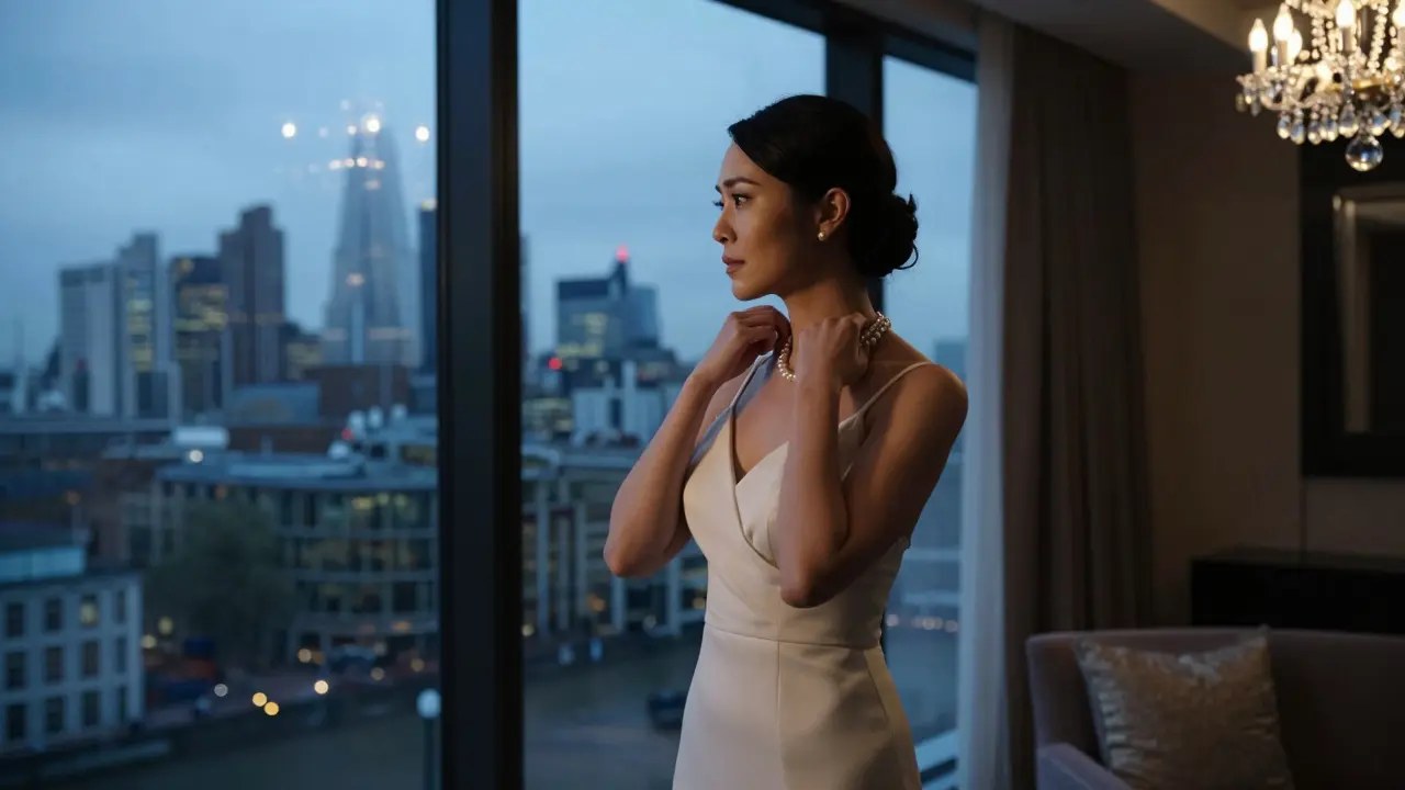 Woman in formal gown preparing for evening event in suite
